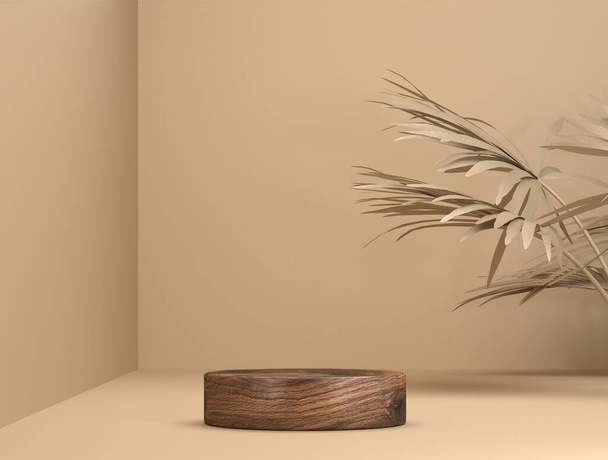 αφηρημένο ξύλινο πρότυπο ως στάδιο παρουσίασης με σκιά φύλλων μπροστά από το παρασκήνιο - 3D Εικονογράφηση - Φωτογραφία, εικόνα