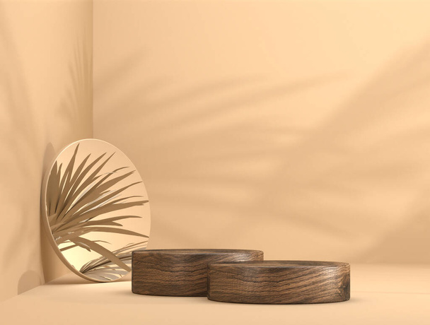 abstract wooden template as presentation stage with leaf shadow and mirror in front of background - 3D Illustration - Foto, Imagem