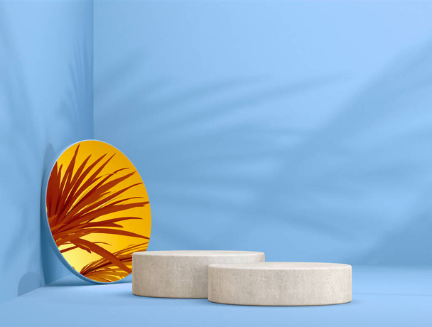 αφηρημένο πέτρινο πρότυπο ως στάδιο παρουσίασης με σκιά φύλλων και καθρέφτη μπροστά από το παρασκήνιο - 3D Εικονογράφηση - Φωτογραφία, εικόνα