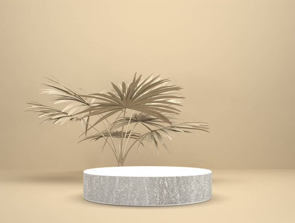 αφηρημένο πρότυπο ως στάδιο παρουσίασης με φύλλα μπροστά από το φόντο - 3D Εικονογράφηση - Φωτογραφία, εικόνα