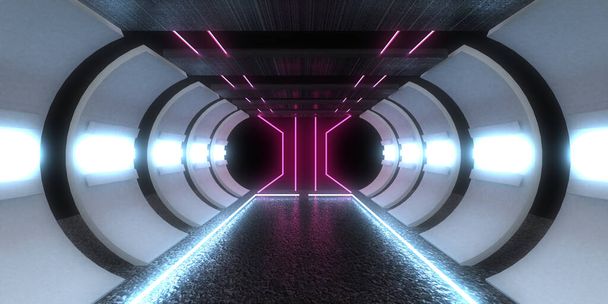 ネオンライトで3D抽象的な背景。ネオントンネル...宇宙建設。3Dイラスト - 写真・画像