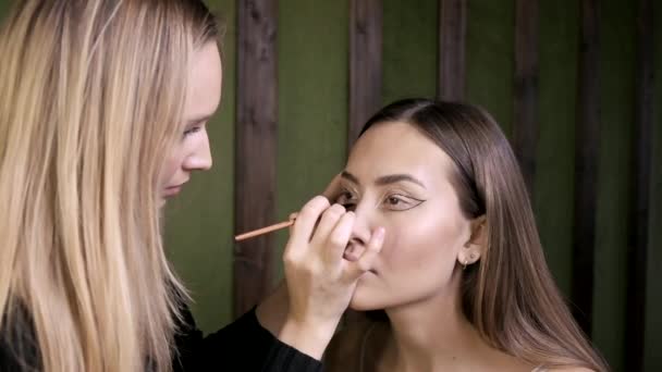 atraente artista de maquiagem caucasiano fazendo maquiagem para jovem mulher no salão de beleza - Filmagem, Vídeo