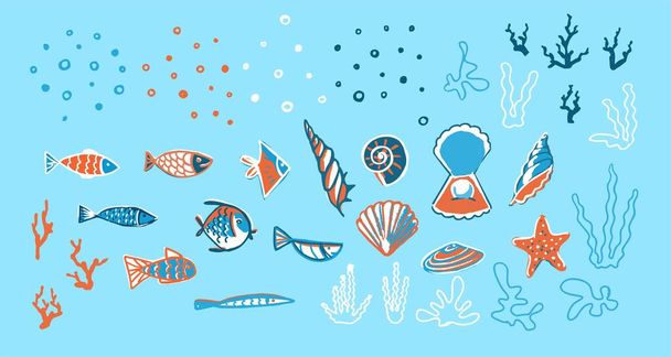 Большой набор рыб, моллюсков, водорослей и дополнительных элементов. Морская тема. - Вектор,изображение