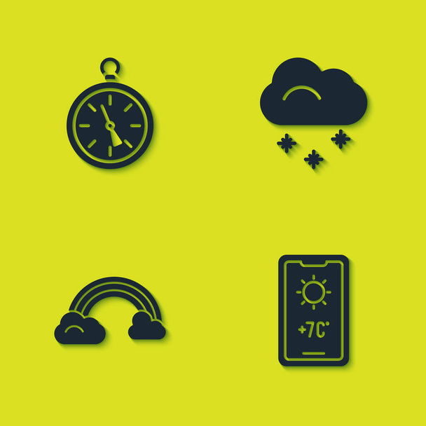 Nastavit kompas, Předpověď počasí, Duha s mraky a ikona Cloud sníh. Vektor. - Vektor, obrázek