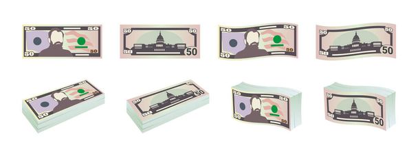 Geld. Vijftig dollar biljetten. Dollars bankbiljetten van voor en achter. Bankbiljetten van Dollar. Vectorillustratie - Vector, afbeelding