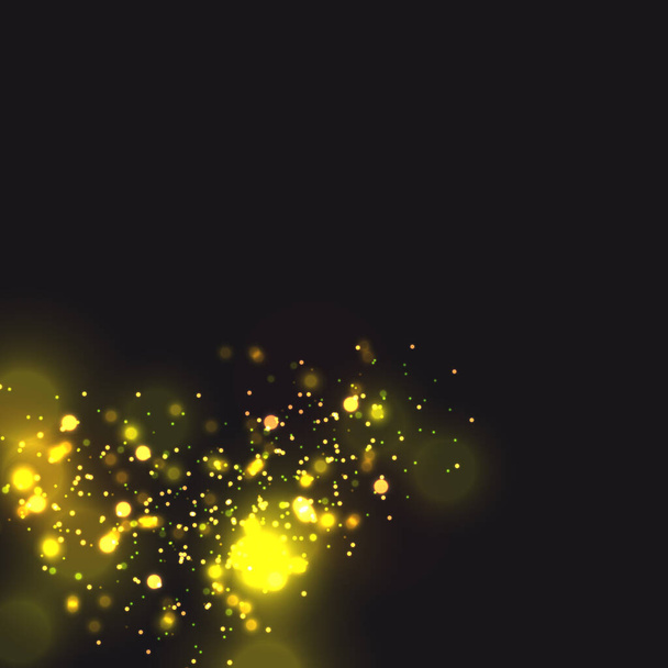 Goldene Teilchen. Leuchtende gelbe Bokeh-Kreise abstraktes Gold Luxus Hintergrund - Vektor, Bild