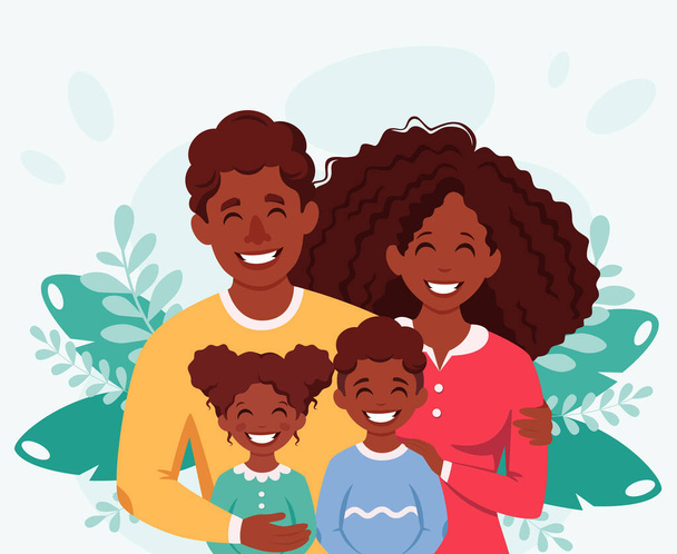 Szczęśliwa czarna rodzina z synem i córką. Rodzice przytulają dzieci. Ilustracja wektora - Wektor, obraz