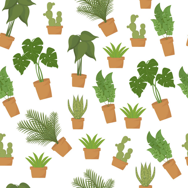 Plats seamless pattern. Vector botanical illustration. Home plants.Collection of potted plants. - Vector, Image