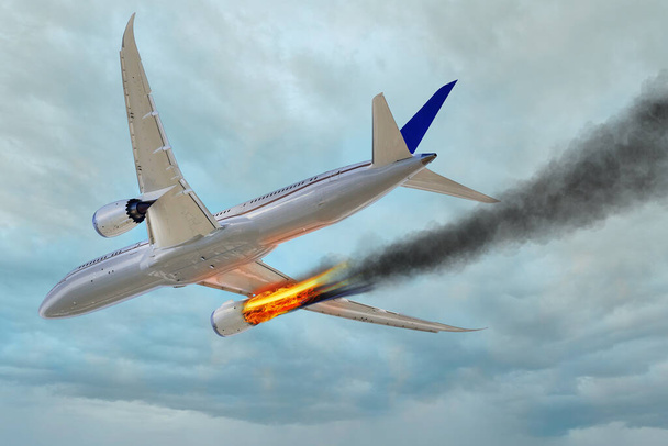 aereo che vola nel cielo con un motore in fiamme pericolo Mayday - Foto, immagini