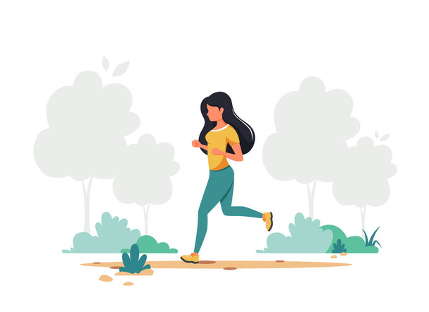 Vrouw aan het joggen in het park. Gezonde levensstijl, sport, outdoor activiteit concept. Vectorillustratie. - Vector, afbeelding