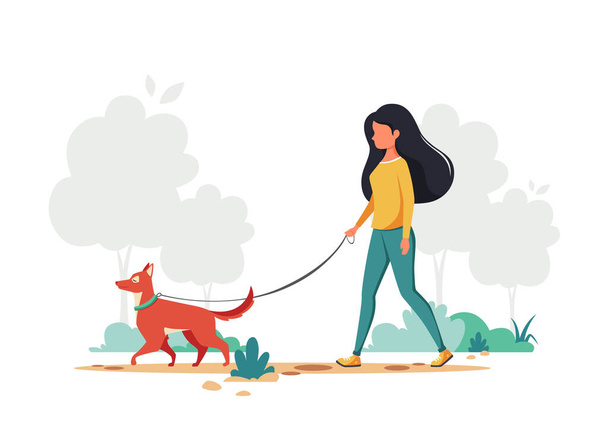 Mujer paseando con perro. Concepto de actividad al aire libre. Ilustración vectorial. - Vector, Imagen