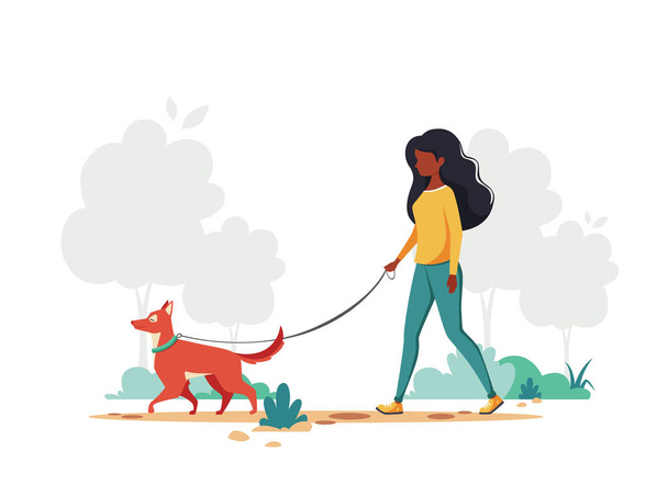 Zwarte vrouw die met hond in het park loopt. Buitenactiviteiten concept. Vectorillustratie. - Vector, afbeelding