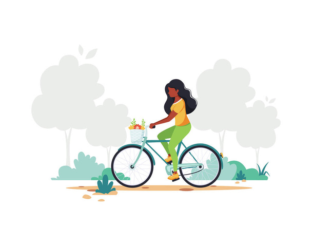 Donna nera in bicicletta. Stile di vita sano, sport, concetto di attività all'aperto. Illustrazione vettoriale - Vettoriali, immagini