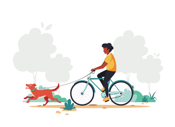 Uomo nero in bicicletta con cane. Stile di vita sano, concetto di attività all'aperto. Illustrazione vettoriale. - Vettoriali, immagini