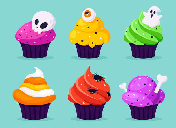 Happy Halloween. Creepy cupcakes with eye, spider, ghost. Vector illustration in flat style.  - Vektori, kuva