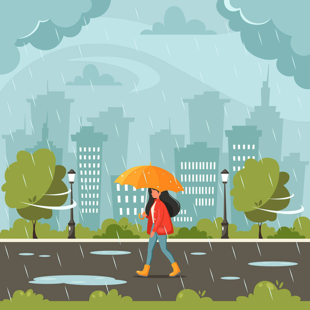Žena kráčející pod deštníkem během deště. Padající déšť. Podzimní outdoorové aktivity. Vektorová ilustrace - Vektor, obrázek