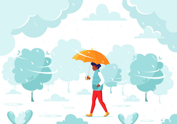 雨の中、黒い男が傘の下を歩いている。雨が降る。秋の野外活動.  - ベクター画像