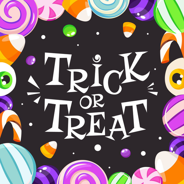 Csokit vagy csalunk. Halloween édesség és cukorka. Vektor illusztráció lapos stílusban. - Vektor, kép