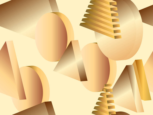 3D геометрические фигуры с золотым градиентом. Бесшовный фон с изометрическими 3d формами. Треугольники и круги. Предпосылки для рекламы продукции и баннеров. Векторная иллюстрация - Вектор,изображение