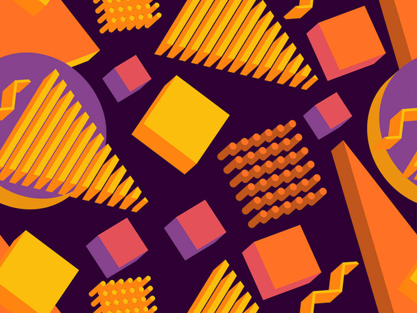 Geometric seamless pattern in memphis style with 3d geometric shapes. Ισομετρική γεωμετρία στο ύφος της δεκαετίας του '80 για διαφημιστικά προϊόντα, χαρτί περιτυλίγματος και εκτύπωση. Εικονογράφηση διανύσματος - Διάνυσμα, εικόνα