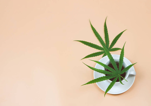 Bovenaanzicht of platte lay-out van cannabis thee en marihuana bladeren op beige achtergrond. - Foto, afbeelding