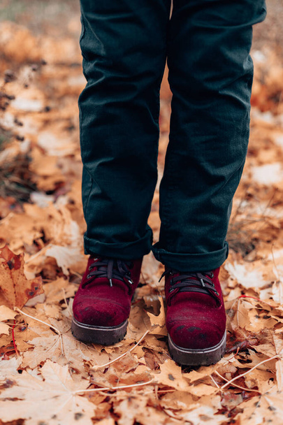 Frauenbeine in bordeauxfarbenen Wildleder-Schnürstiefeln und schwarzen Jeans stehen im Herbstpark. Goldgelber Blätterteppich im Wald - Foto, Bild
