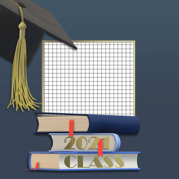 Graduation 2021 cap met kwastje. Klas van 2021 jaar op vierkante grafiek raster papier, stapel boeken Onderwijs concept, geïsoleerd. Plaats voor tekst, kopieer ruimte. 3D illustratie - Foto, afbeelding