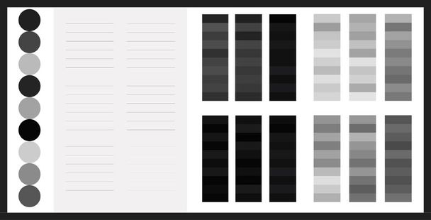 Γκρι φως και σκούρα δείγματα για το γράψιμο χαρτί σημείωμα μεγάλο σύνολο διάνυσμα. Λιωμένα κενά σημειωματάριου θέτουν γκρι τόνους. Αντίθεση γκρι χρώμα σχήμα από το φως στο σκούρο γκρι για τα σχέδια του σχεδιασμού. Ιδέα για γκρι συλλογή. Εγγραφή κειμένου με γκρι χρώματα. - Διάνυσμα, εικόνα