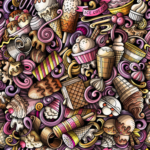 Sarjakuva doodles Jäätelö saumaton kuvio. Taustaa jäätelöä symboleja ja kohteita. Värikäs yksityiskohtainen tausta tulostaa kankaalle, tekstiili, puhelinkotelot, käärepaperi. Kaikki objektit erikseen. - Valokuva, kuva