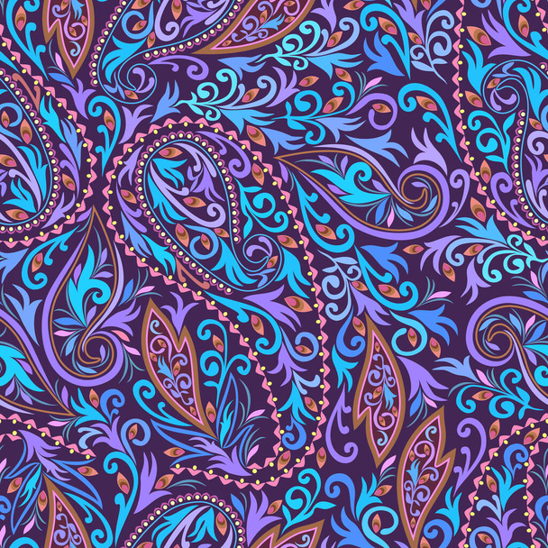 Modèle traditionnel sans couture avec paisley. Ornement ethnique violet et bleu vif. Tirage vectoriel. Utilisez pour le papier peint, les garnitures de motifs, la conception textile. - Vecteur, image