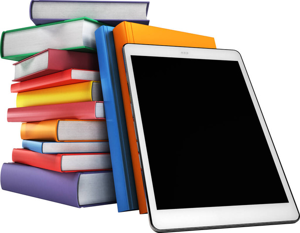 Stack of multicolored books and a tablet. Education concept, back to school. 3d illustration - Foto, afbeelding