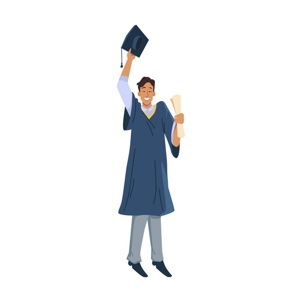 Homme étudiant en robe académique célébrer l'obtention du diplôme - Vecteur, image