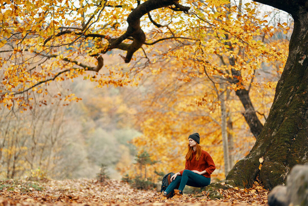 travel tourism woman model in autumn forest falling leaves landscape nature park - Foto, afbeelding