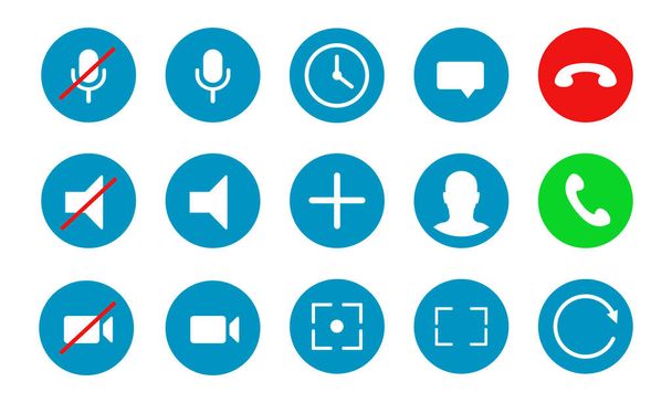 Video call app interface buttons. Sound, mute, call, add, user, camera, sreenshot icons. Vector collection. - Wektor, obraz