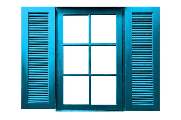 Old wooden window frame painted blue vintage isolated on a white background - Photo, Image