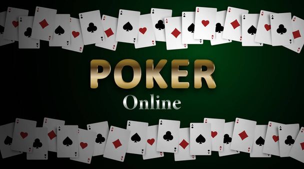 Poker on-line na tmavozeleném pozadí a esa všech pruhů. Pozadí pro kasino reklamy, poker, hazardní hry. Vektorová ilustrace. - Vektor, obrázek
