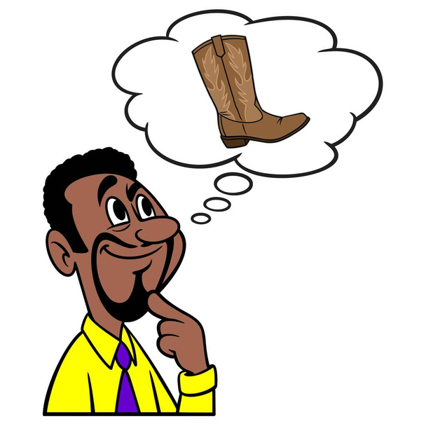 Man thinking about a Cowboy Boot - A cartoon illustration of a man thinking about a Cowboy Boot. - Vector, Image