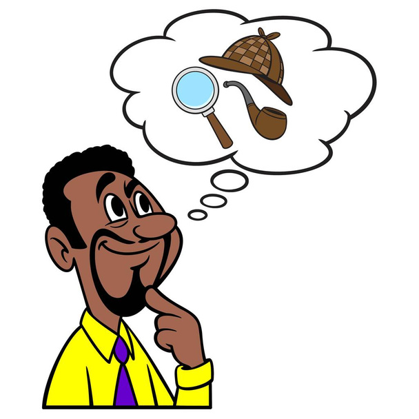 Man thinking about Detective Work - A cartoon illustration of a man thinking about the work of a Detective. - Vector, Image