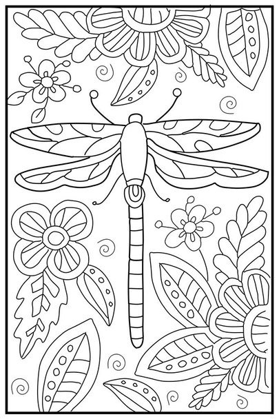Dragonfly. Hand drawn coloring for kids and adults. Beautiful simple drawings with patterns. Coloring book pictures with animals. Vector - Vecteur, image