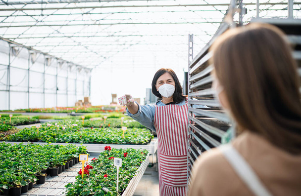 People working in greenhouse in garden center, coronavirus concept. - Фото, изображение