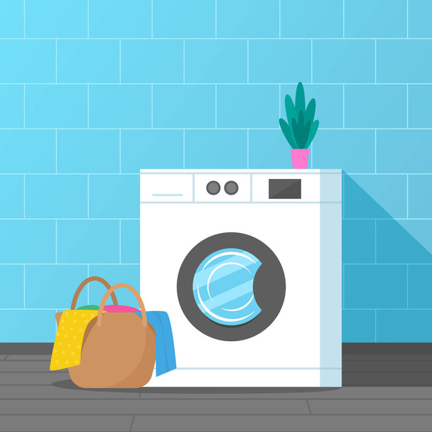 máquina de lavar roupa com uma cesta de linho sujo. interior da lavandaria. ilustração vetorial - Vetor, Imagem