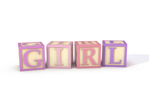 Pino puinen lelu kirjeen lohkojen sävyjä vaaleanpunainen perustaa täsmentää sana tyttö eristetty valkoinen studio tausta - 3D tehdä - Valokuva, kuva