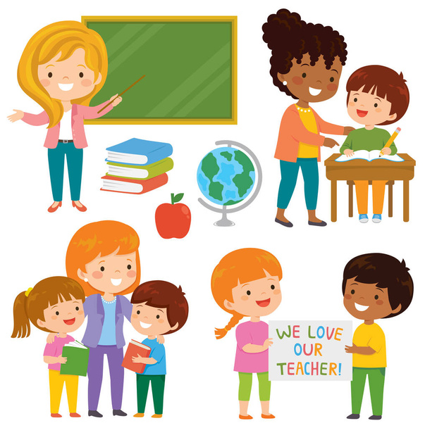 Teachers and kids at school. Cute happy teachers and their loving students learning together in the classroom. - Vector, Image