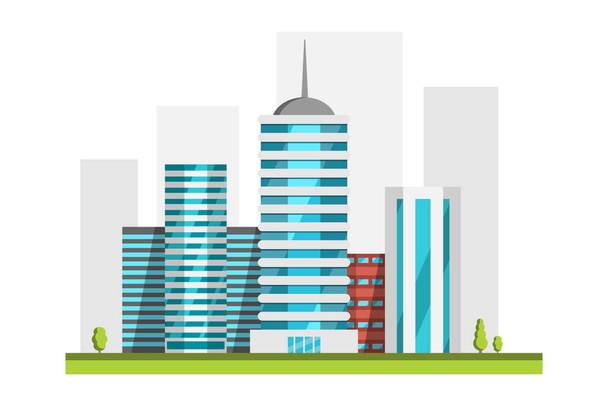 City Skyscrapes illustrazione piatta. Edifici cittadini. Architettura urbana. - Vettoriali, immagini