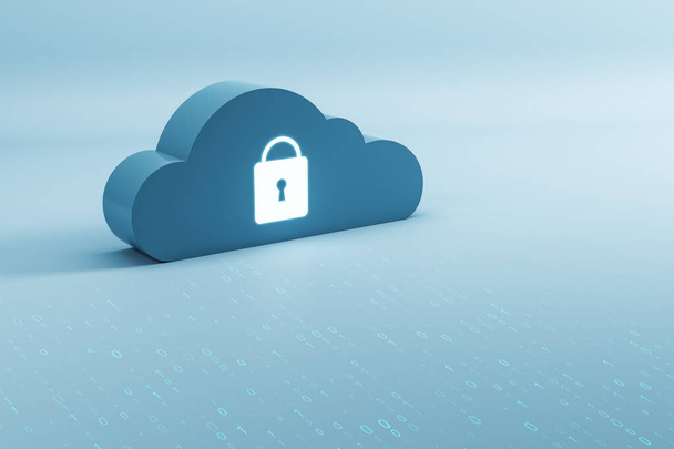 Blue cloud figure with a lock sign standing on a light blue surface, data security and protection concept, 3d rendering - Photo, image