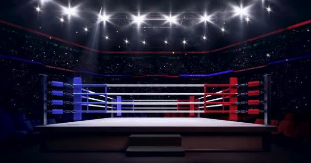 Leerer Boxring bereit für den Kampf. Animation der Sportarena mit Fans und leuchtenden Scheinwerfern. 4k-Videohintergrund geloopt. - Filmmaterial, Video