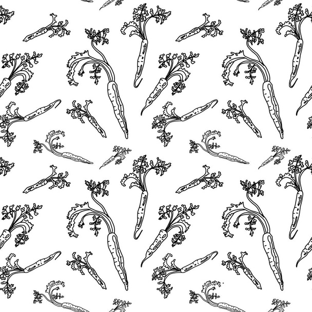 Vector seamless pattern. Black and white drawing of a carrot on a white background. - Vektori, kuva