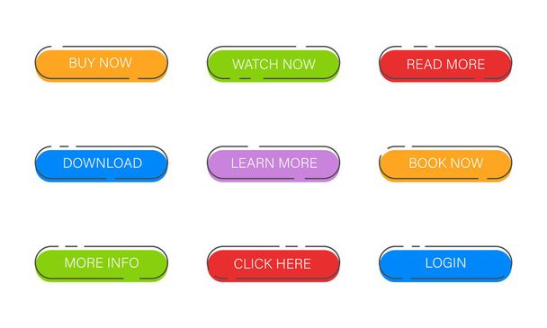 Set knoppen voor website of app. Verschillende opties op een knop. Lineaire kleurrijke elementen. - Vector, afbeelding