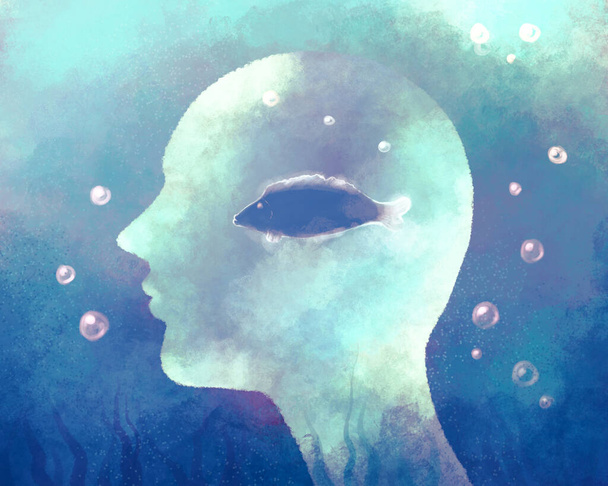 Οικολογία. Προφίλ ενός αφηρημένου ανθρώπου κάτω από το νερό με ένα ψάρι σε διάφανη σιλουέτα. Φανταστική φουτουριστική μπλε απεικόνιση - Φωτογραφία, εικόνα
