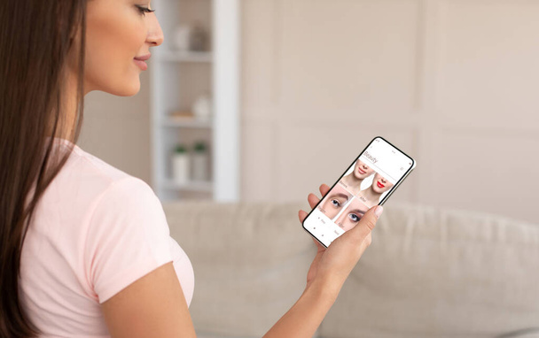 Augmented Reality Beauty App. Woman Trying Different Makeup Online - Photo, Image